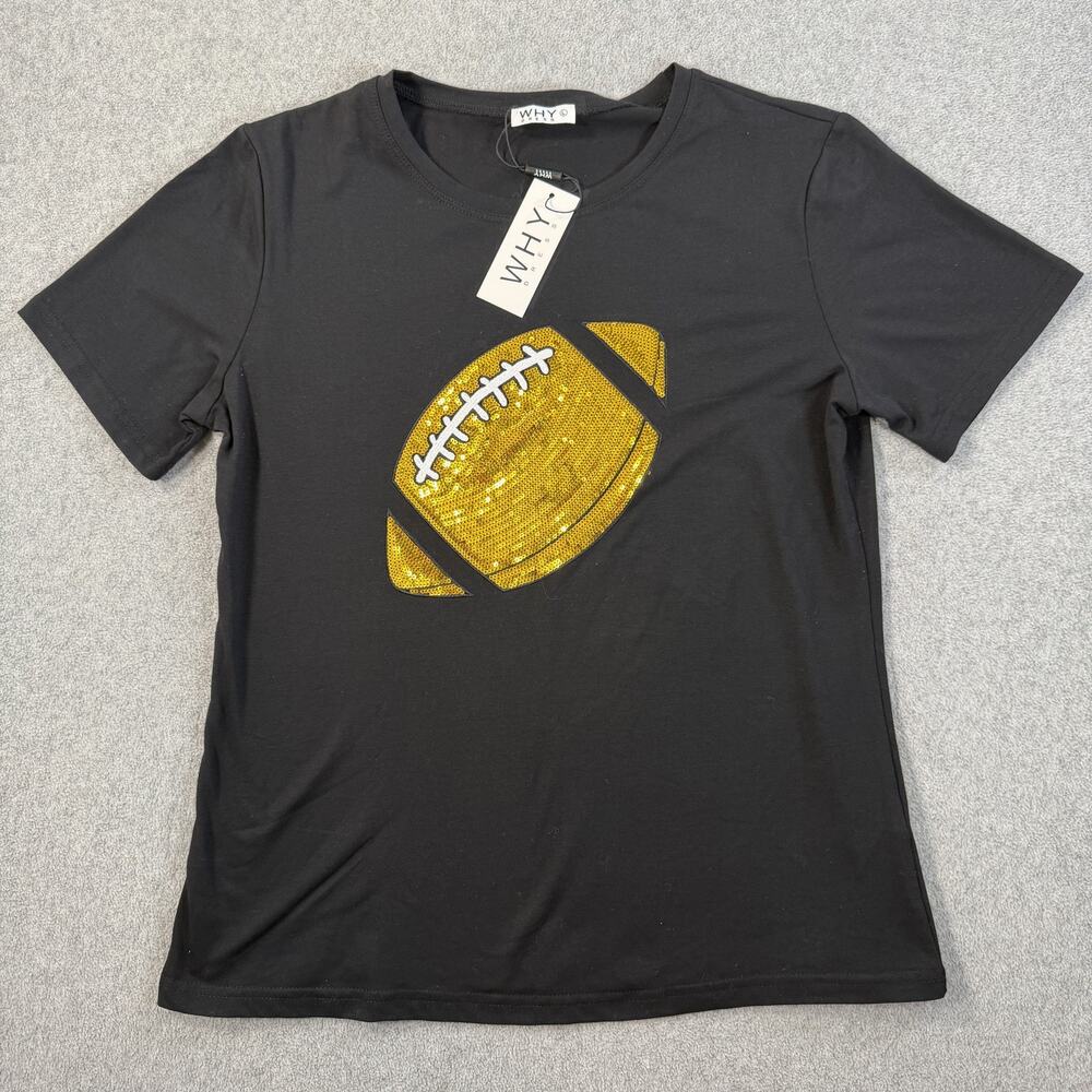 WHY DRESS Women's Large Black Sequin Football T-Shirt Crew Neck Short Sleeve Top
